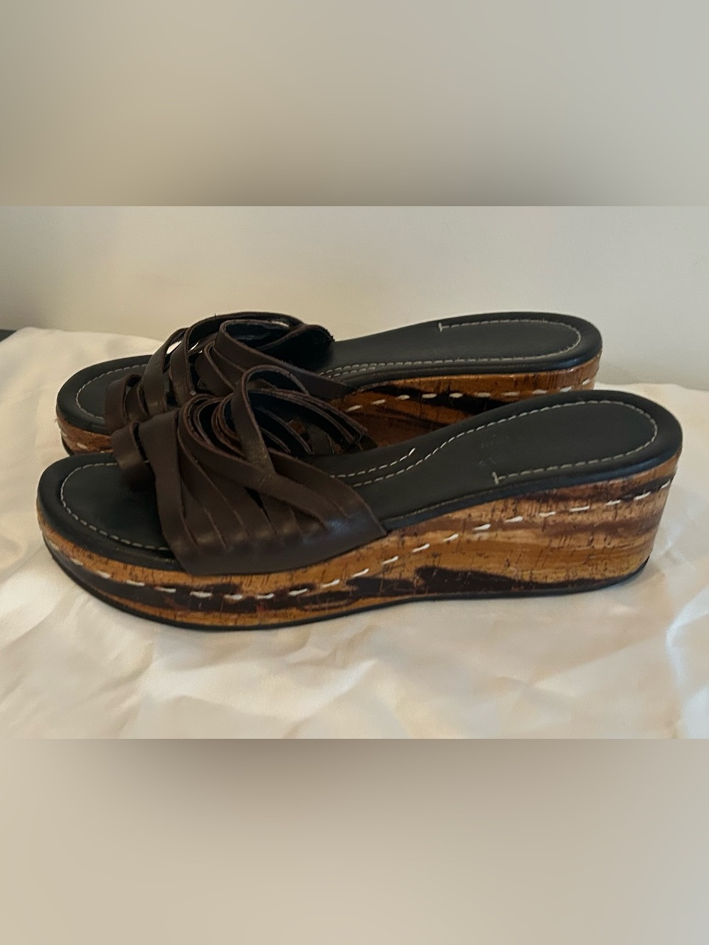 Donald J Pliner Brown Leather Platform Mule Sandals Cork Heel Slides Sz 7.5 - Picture 5 of 10